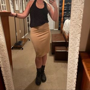 Tan Midi Fitted Pencil Skirt